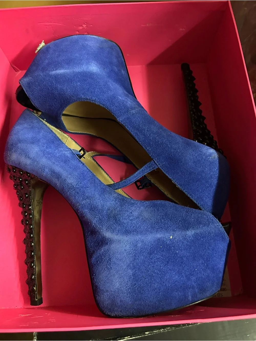 Betsey Johnson Royal Blue Suede Platform Mary Jane Heels black stud goth punk 9